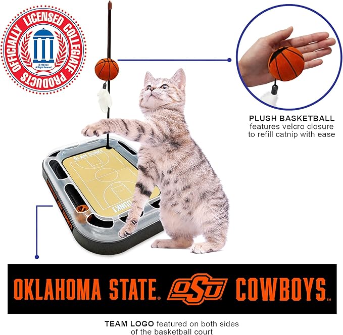 Cat Scratch Toy NCAA OKLAHOMA STATE Cowboys REVERSIBLE Basketball Court Felt/Cardboard Cat Scratcher Toy with Interactive Cat Ball Bell. 6-in-1 CAT TOY Cat Wand Poll CATNIP-FILLED Plush Basketball Toy