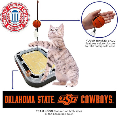 Cat Scratch Toy NCAA OKLAHOMA STATE Cowboys REVERSIBLE Basketball Court Felt/Cardboard Cat Scratcher Toy with Interactive Cat Ball Bell. 6-in-1 CAT TOY Cat Wand Poll CATNIP-FILLED Plush Basketball Toy
