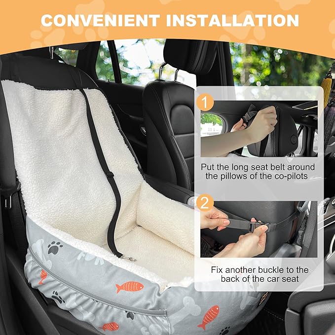 Dog Car Seat for Small Medium Dogs Under 30 lbs, Fully Detachable and Washable Cat Booster Car Seats for Front & Black Seat with Safety Leash Belt (Bone, M)
