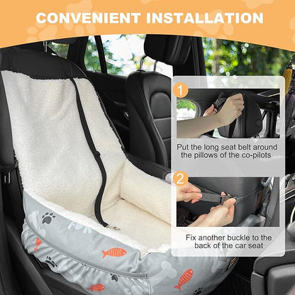 Dog Car Seat for Small Medium Dogs Under 30 lbs, Fully Detachable and Washable Cat Booster Car Seats for Front & Black Seat with Safety Leash Belt (Bone, M)