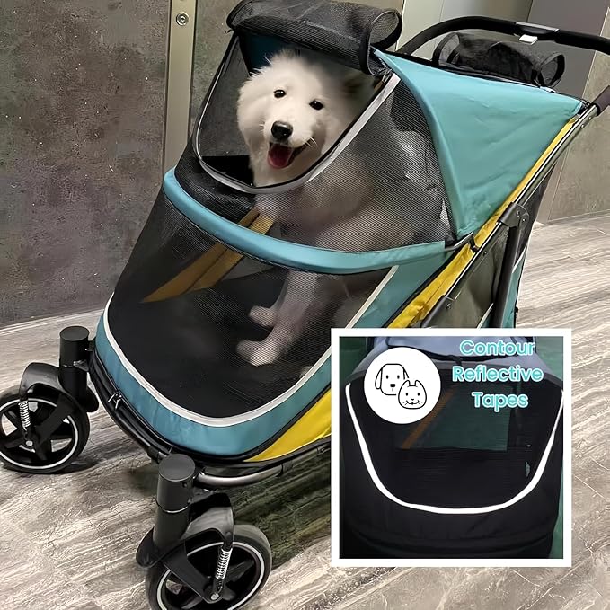 Large Dog Stroller-4 Wheel Pet Strollers for Medium Dogs or 2 Dogs- One-Click Foldable - Large Breathable Mesh & Sunroof - All Terrain Pet Stroller for Medium Senior Dog up to 88 lbs (Green-Yellow)