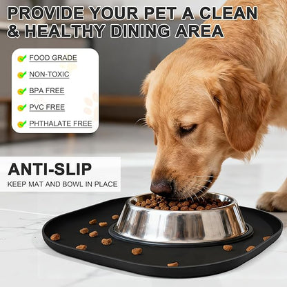 Small Silicone Pet Food Mat with Raised Edge for Food and Water Bowl, Square Dog Feeding Mats, Cat Food Trays for Floor Waterproof, Rubber Tray for Dogs and Cats, 12 x 12 x 0.7 Black