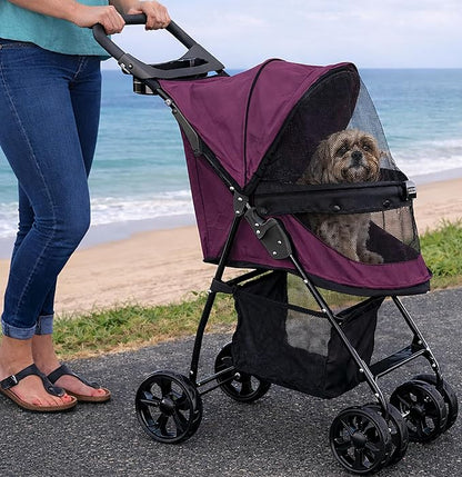 Pet Gear Happy Trails Lite Pet Stroller for Cats/Dogs, Zipper Entry, Easy Fold with Removable Liner, Safety Tether, Storage Basket, Dark Raspberry