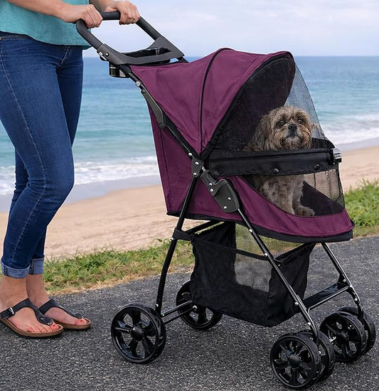 Pet Gear Happy Trails Lite Pet Stroller for Cats/Dogs, Zipper Entry, Easy Fold with Removable Liner, Safety Tether, Storage Basket, Dark Raspberry