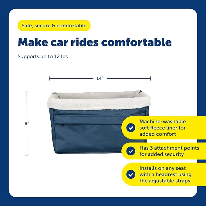 PetSafe Happy Ride Booster Seat for Dogs - Open Road Comfort - Safe Tether System - Zipper Pouch Dog Seat - Machine Washable Fleece Liner - Easy Install Design - Navy - Up to 12 lb