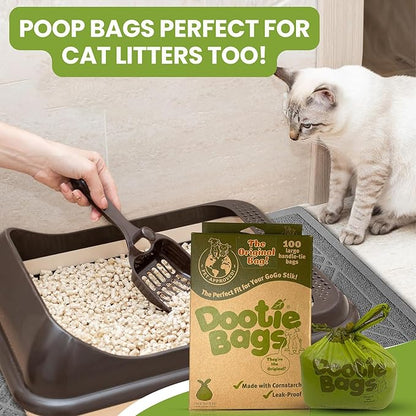 The Original Dootie Bag is Back! Pooch Approved Large Dootie Bags, Dog Poop Bags. Strong, Leakproof - EZ Tie Handles. Perfect for Dogs & Cat Litter. Pet Waste Cleanup, Swivel Bin & GoGo Stik Scoopers.