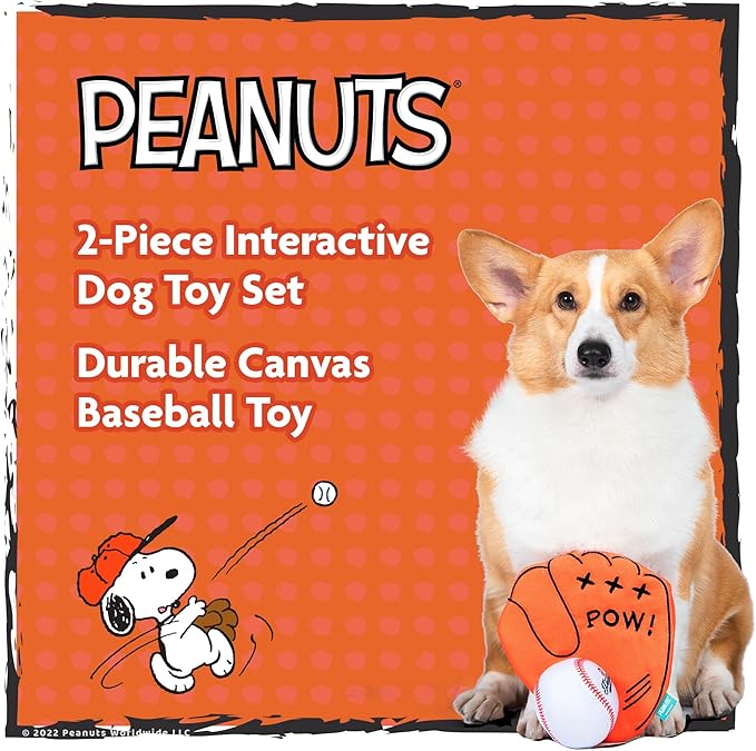 Peanuts for Pets 2-Piece Interactive Dog Toy Set - Durable Canvas Baseball Glove and Ball Toy for Large, Medium, Small Dogs - Fun Fetching and Chew Toys with Crinkle Sound, 7 Inch