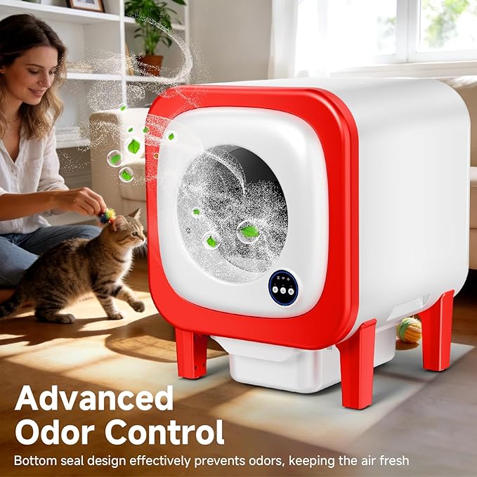 Self Cleaning Litter Box, Extra Large Automatic Cat Litter Box Self Cleaning for Multiple Cats, App Control, Safety Protection, Ultra-Quiet,Includes Trash Bags,Red