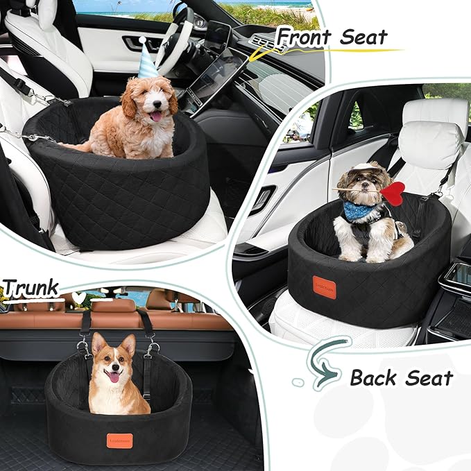 Lealchum Dog Car Seat for Small Dogs Up to 30 Lbs,Ultra Soft Fabric Fill in Comfy Memory Foam,Happy Pet Ride,2 Safety Dog Leashes,Fully Detachable and Washable,Anti Slip Base(Black)