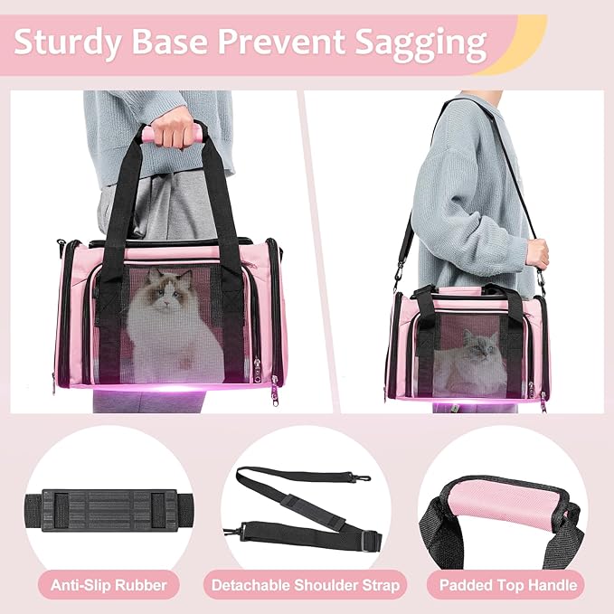 Discala Cat Dog Carrier Up to 15 Lbs TSA Airline Approved Pet Carrier for Small Medium Cats Puppies Dog Carriers for Small Dogs Collapsible Soft Sided Cat Travel Carrier - Pink 15.7"x10.2"x10.2"