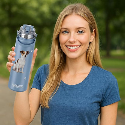 SERENGETI 24 Oz Water Bottle Stainless Steel with Spill Proof Lid - Double walled Vacuum Insulated water flask - Realistic 3D Print of your favorite dog (Jack Russell Terrier)