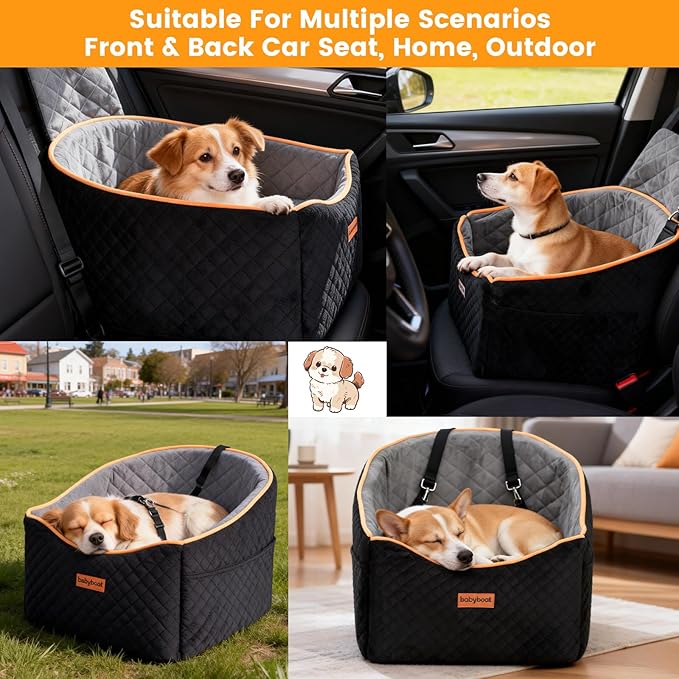 Babyboat Dog Car Seat for Small & Medium Dog Adjustable Height Pet Booster Car Seat with 2 Cushion Up to 30lbs Detachable Travel Pet Bed with Remove Cover, Storage Pockets - Black