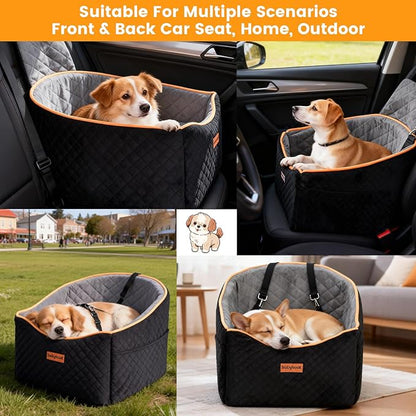 Babyboat Dog Car Seat for Small & Medium Dog Adjustable Height Pet Booster Car Seat with 2 Cushion Up to 30lbs Detachable Travel Pet Bed with Remove Cover, Storage Pockets - Black