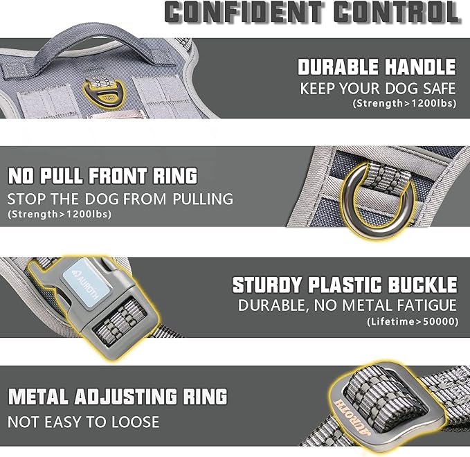 Auroth Tactical Dog Harness for Small Medium Dogs No Pull Adjustable Pet Harness Reflective Working Training Easy Control Pet Vest Military Service Dog Harnesses Grey M