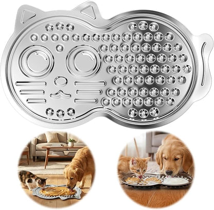 Stainless Steel Lick Mat for Dog and Cat, Pet Shaped Slow Feeder Pad Chew Proof Non Slip Large Licking Mat for Slow Eating Stress Relief Whisker Friendly for Cat(Silver)