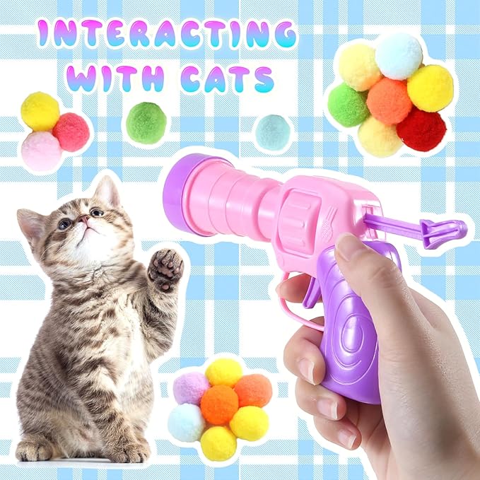 102Pcs Cat Ball Toy Launcher Gun，Cat Balls Fetch Toy - Includes 100 Colorful Plush Cats Balls and 2 Exciting Launchers Set，for Bored Indoor Adult Cats, Cute Kitten Kitty Toys