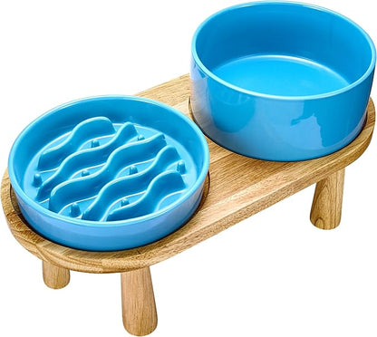 Ceramic Slow Feeder and Water Bowl Set for Medium and Large Dogs, 2.0 Cups Dog Slow Feeder(30oz) and 70oz Water Bowl Set, 8in, Baby Blue