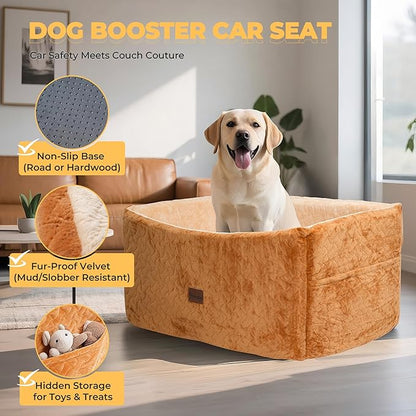 Dog Car Seat for Large Medium Dogs up to 60 lbs – Elevated Dog Booster Seat for Cars with Extra-Safe 14in High Front, Memory Foam Cushion, Washable Cover, Backseat Pet Car Bed (Brown)