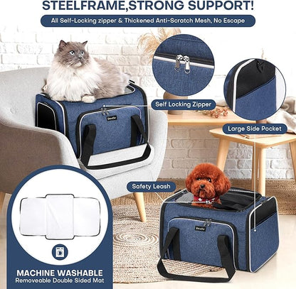 Premium Pet Carrier – Dog & Cat Travel Bag, Airline Approved, Soft-Sided Design for Small to Large Pets, TSA Compliant, Expandable & Collapsible (Blue)