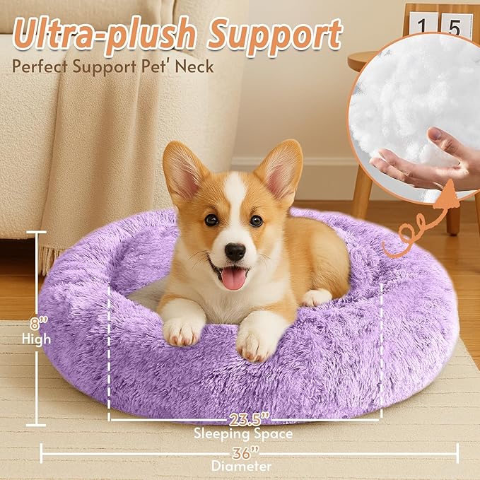 JOLLYVOGUE Calming Dog Beds Large Sized Dog, 36in Donut Washable Large Pet Bed, Anti-Slip & Anti-Anxiety Fluffy Faux Fur Round Dogs Bed, Fits up to 80 lbs Pets (Purple)
