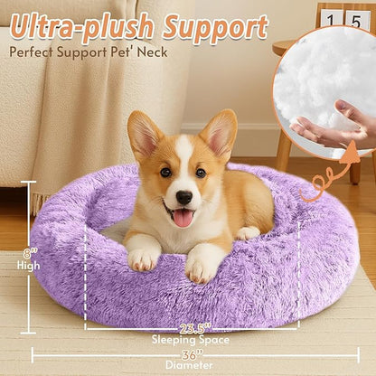 JOLLYVOGUE Calming Dog Beds Large Sized Dog, 36in Donut Washable Large Pet Bed, Anti-Slip & Anti-Anxiety Fluffy Faux Fur Round Dogs Bed, Fits up to 80 lbs Pets (Purple)