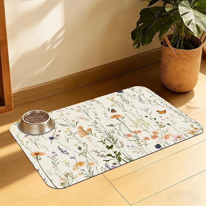 Vintage Wildflowers Herbs Pet Feeding Mat, Absorbent Bowl Pad, Quick Dry, Non-Slip Base, No Stains – 16x24 Inch