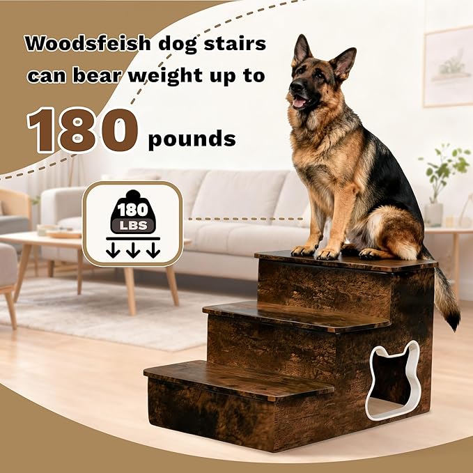 Dog Stairs for Large Dogs,Wooden Dog Steps for High Bed,24.4" Non-Slip Pet Stairs Up to 180LB,Pet Ramps for Small Medium Large Pet (Tiger, Small, 3)