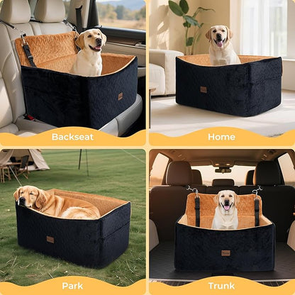Dog Car Seat for Large Medium Dogs up to 60 lbs – Elevated Dog Booster Seat for Cars with Extra-Safe 14in High Front, Memory Foam Cushion, Washable Cover, Backseat Pet Car Bed (Brown/Black)