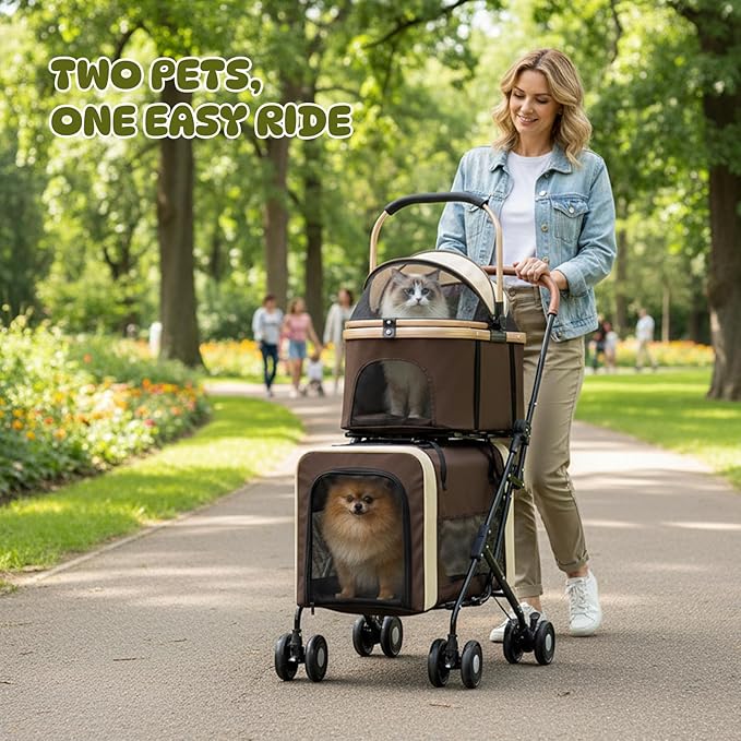 Double Pet Stroller for Dogs and Cats, One-Step Folding Dog Stroller Travel Carriage for Small Medium Dogs Cats, 2 Detachable Carrier Bags, 4 Lockable Wheels (Brown)