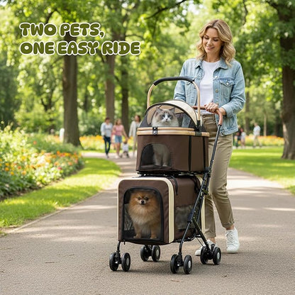 Double Pet Stroller for Dogs and Cats, One-Step Folding Dog Stroller Travel Carriage for Small Medium Dogs Cats, 2 Detachable Carrier Bags, 4 Lockable Wheels (Brown)