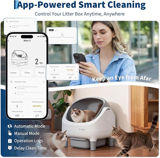 Self Cleaning Cat Litter Box with APP Control, Open-Top Automatic Litter Box for Multiple & Large Cats, 10.5L Sealed Waste Bin, Safety Sensors, Ultra-Quiet, Odor-Free, 2.4G WiFi