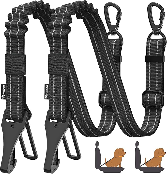 Pawaboo 2Pack Dog Seatbelt for Car,3-in-1 Dog Car Seat Belt Bungee,Shockproof Dogs Tether for Cars with Buckle&Hook Latch, Adjustable Reflective Dogs Cars Harness Leash with 360° Lockable Buckle,Black