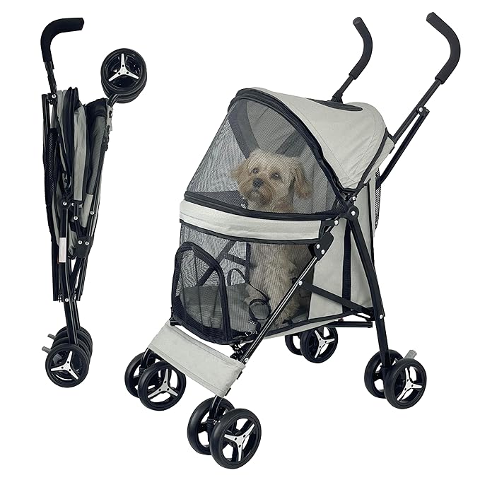 Umbrella Shaped Lightweight 4 Wheel Dog Stroller for Medium Small Dogs, Portable Compact Pet Stroller with Breathable Mesh, Perfect for Travel,Jogging,up to 22lbs(Gray)