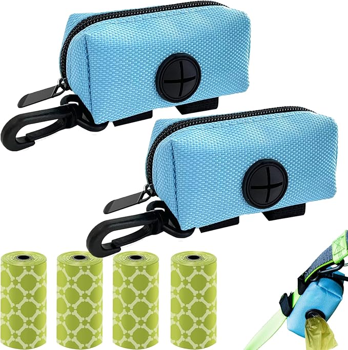 (2 Pack) Dog Poop Bag Holder for Leash Attachment with 80 Bags- Waterproof Dispenser with Carabiner, Hands-Free Design for Car Travel, Park Walk & Camping Trips, Fits All Leashes, Blue