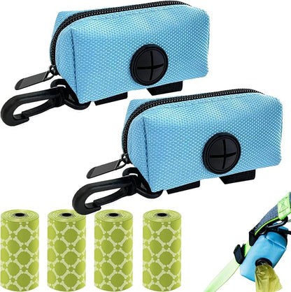 (2 Pack) Dog Poop Bag Holder for Leash Attachment with 80 Bags- Waterproof Dispenser with Carabiner, Hands-Free Design for Car Travel, Park Walk & Camping Trips, Fits All Leashes, Blue