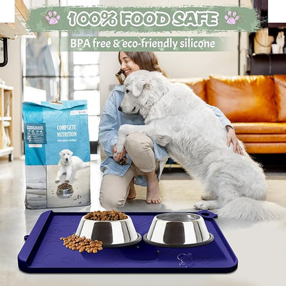 Silicone Dog Food Mat With Residue Collection Pocket - Waterproof Pet Feeding Mat for Cats and Dogs, Raised Edges, Hooks, Placemats for Water Bowl