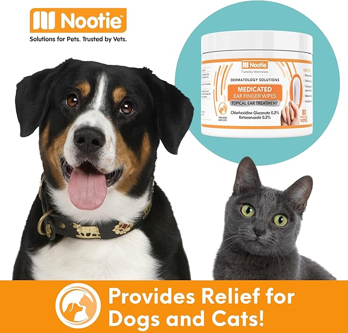 Nootie Medicated Ear Finger Wipes with Chlorhexidine for Dogs, Gentle Dog Ear Cleaning Wipes for Itchy, Sensitive Ears - Helps Remove Wax, Dirt Buildup, & Odor 80 Wipes - Made in USA