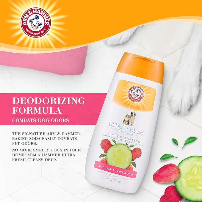 Arm & Hammer Ultra Fresh 2 in 1 Detangling Dog Shampoo and Conditioner with Baking Soda Deodorizer, Moisturizing Pet Wash for Tangles and Odor Control, Cucumber Prickly Pear Scent, 16 Fl Oz