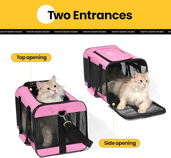 Dog Carrier Soft Sided, Large Cat Carrier with Inner Safety Leash, Pet Transport Carrier for Large Cats and Medium Dogs up to 20 Lbs, Collapsible Travel Puppy Carrier Bag -Pink L