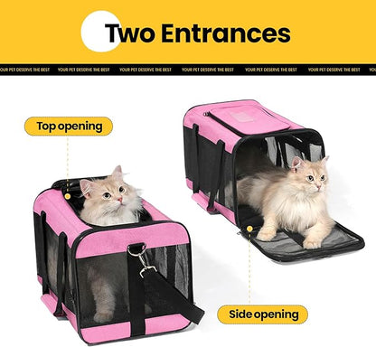 Dog Carrier Soft Sided, Large Cat Carrier with Inner Safety Leash, Pet Transport Carrier for Large Cats and Medium Dogs up to 20 Lbs, Collapsible Travel Puppy Carrier Bag -Pink L