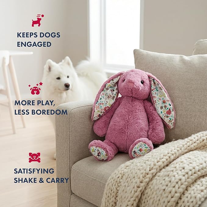 Pet Lou 15 Inch Rabbit Dog Chew Toy, Super Soft & Durable Plush with Crinkle Ears & Built-in Long Lasting Squeakers, Interactive Stuffed Squeaky Dog Toy