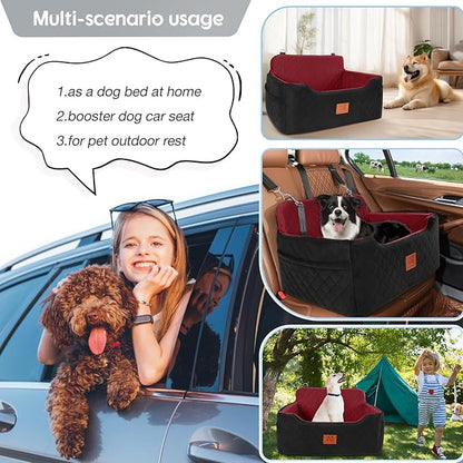 GL GLENSLAVE Dog Car Seat for Medium/Large Dogs, Dog Booster Seat for Pet Under 50lbs or 2 Small Dogs, Detachable and Washable Pet Car Bed, Multi-Functional Pet Booster Seat for Backseat(Black/Red)