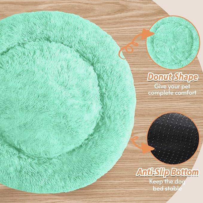 JOLLYVOGUE Calming Dog Bed Medium Size Dog, 31in Donut Washable Medium Pet Bed, Anti-Slip & Anti-Anxiety Fluffy Faux Fur Round Dogs Bed, Fits up to 45 lbs Pets (Mint Green)