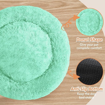 JOLLYVOGUE Calming Dog Bed Medium Size Dog, 31in Donut Washable Medium Pet Bed, Anti-Slip & Anti-Anxiety Fluffy Faux Fur Round Dogs Bed, Fits up to 45 lbs Pets (Mint Green)