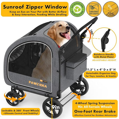 PAWZIDEA 3-in-1 Large Dog Stroller with Detachable Carrier up to 80lbs, Portable Dog Car Crate & Travel Kennel, Foldable Pet Stroller for 2 Medium Dogs, All-Terrain 9” Jogger Wheels, Adjustable Handle