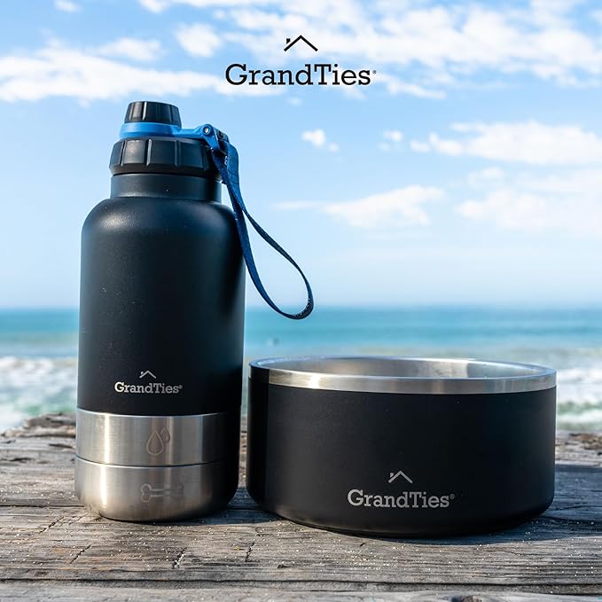 GrandTies Insulated Portable Dog Water Bottle with 2 Detachable Water Bowl Dispenser | Leak-Proof Dog Food Travel Container | Accessories for Dogs Walking, Hiking, Camping (32oz, Matte Black)