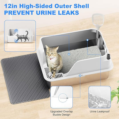 Non-Stick Stainless Steel Litter Box, XL Side Opening Splash-Proof & Leak-Proof Seamless Seal, Ellenpent Large Capacity, Cat Litter Box with Lid for Multi-Cats, Easy-Clean & Durable (White)