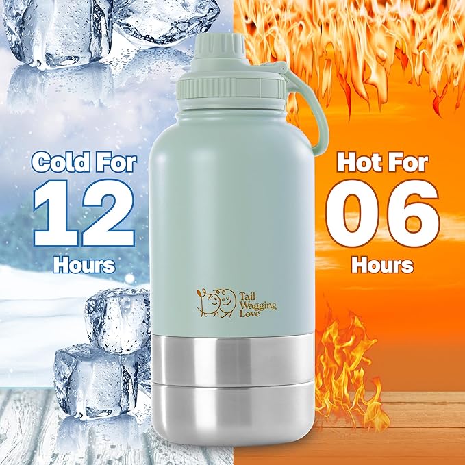 32oz 3-in-1 Portable Travel Water Bottle, Food & Hydration Bottle - Dual Use for Humans & Pets with Detachable Bowls, Stainless Steel, Keeps Water Hot for 6hrs & Cold for 12hrs
