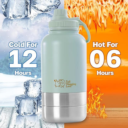 32oz 3-in-1 Portable Travel Water Bottle, Food & Hydration Bottle - Dual Use for Humans & Pets with Detachable Bowls, Stainless Steel, Keeps Water Hot for 6hrs & Cold for 12hrs