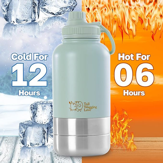 32oz 3-in-1 Portable Travel Water Bottle, Food & Hydration Bottle - Dual Use for Humans & Pets with Detachable Bowls, Stainless Steel, Keeps Water Hot for 6hrs & Cold for 12hrs